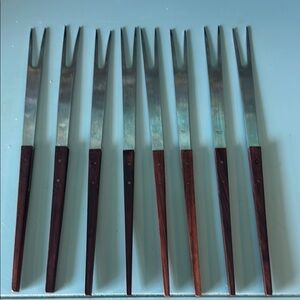 Set of 8 Vintage Japanese Teak and Stainless Steel MCM Fondue Forks